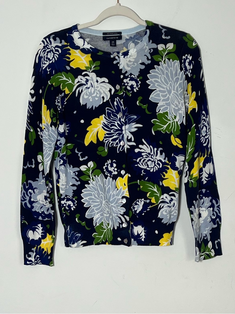 Lands' End Navy Floral Button-Front Sweater 100% Supima Cotton